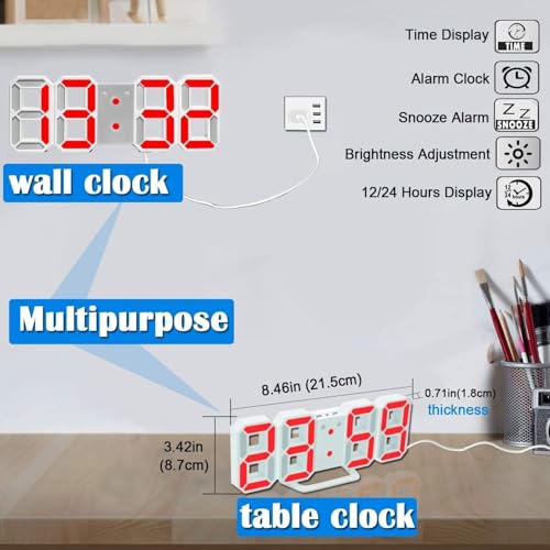 Image of 3D LED Digital Alarm Clock, Black, Red Display, Pack of 1