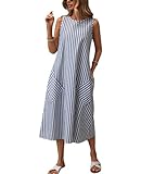 chouyatou Women's Casual Loose Vertical Striped Dress Crew Neck Sleeveless Midi Long Tank Dress with Pockets (Medium, Navy)