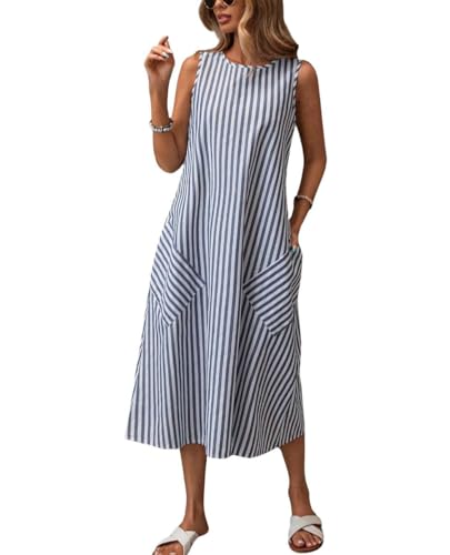 chouyatou Women's Casual Loose Vertical Striped Dress Crew Neck Sleeveless Midi Long Tank Dress with Pockets