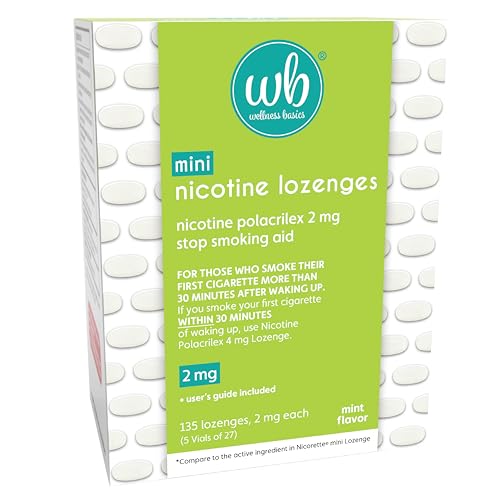 Wellness Basics Mini Nicotine Lozenge 2mg | Stop Smoking Aid | Mint Flavor | 135 Count | Pack of 5 Vials | Reduces Cravings & Withdrawal Symptoms