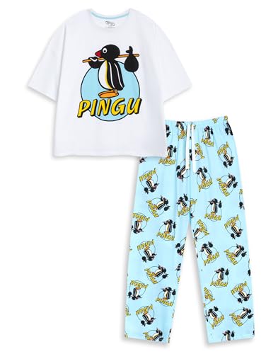 Pingu Womens White Blue Short Sleeve Long Leg Pyjama Set | Cartoon Character Sleepwear & Loungewear Print Nightwear for Relaxation Merch - Small