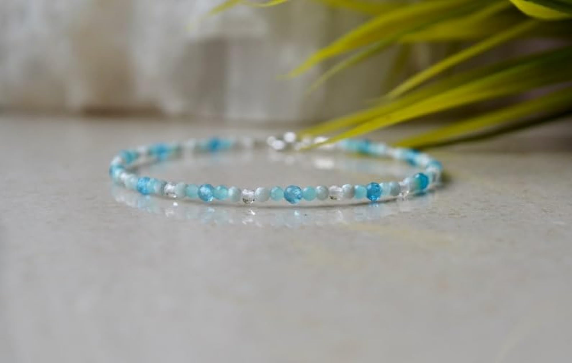 Larimar Round Beaded Bracelet with Silver Lock, Adjustable