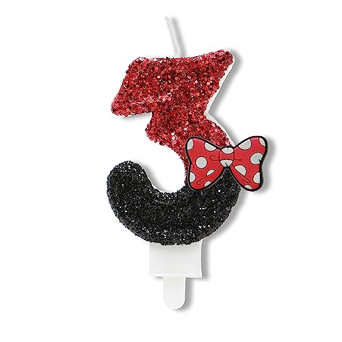 Number 3 Birthday Candle,Red Black Sequin Number Candles with Red Bow 3rd Glitter Cake Candles