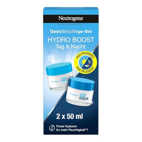Neutrogena Hydro Boost Skincare Set: Hydro Boost Aqua Creme + Nachtcreme, parfümfreie Gesichtspflege mit purer Hyaluronsäure und Aminosäuren,pflegende/intensive Gesichtscreme für trockene Haut je 50ml