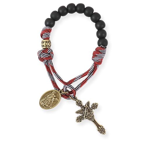 Nazareth Store Antique Bronze Strong One Decade Paracord Rosary Black Beads Pocket Car Rosary St Michael Medal & Archangel Cross