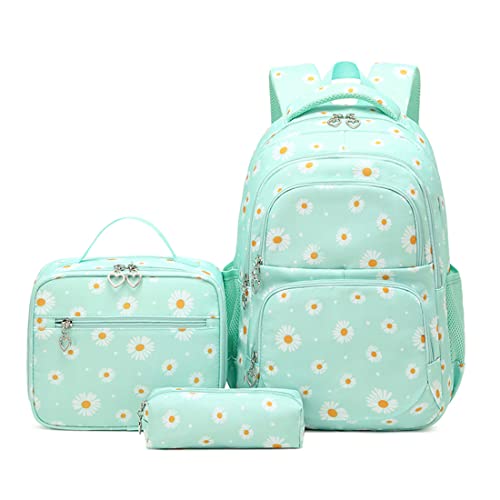 YJMKOI 3 peças de mochila com estampa de margarida para meninas, estudantes do ensino médio, conjunto de mochila com lancheira, Verde, 3PCS Daisy