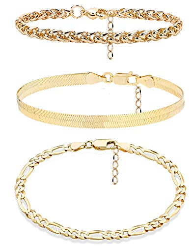 3Pcs 14K Gold Plated Chain Link Bracelet Set for Men Women Cuban Paperclip Chain Stainless Steel Stackable Stretchable Elastic Gold Bead Ball Bracelet Set
