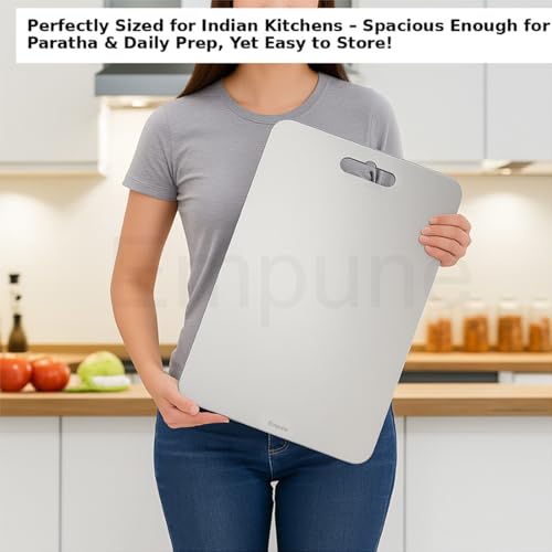 Image of Rectangle 304 Stainless Steel Chopping Board | with 2 Steel Straw & Antiskid Pads | Non Slip | Rust Proof | for Cutting Vegetables, Meat,Fish,Fruits | X-Large | 50 x 31 cm