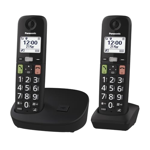 Panasonic KX TGU112EXB Teléfono Inalámbrico Digital, Unidad Base y 2 Auriculares, Pantalla LCD, Botones Grandes, Llamada Favorita, Compatible con Audífonos, Negro