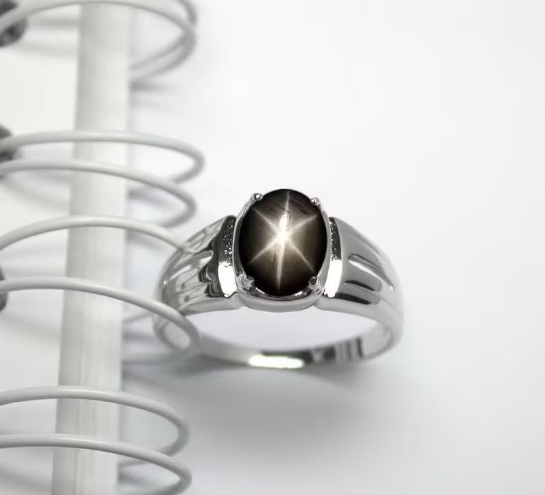 Black Star Sapphire Gemstone Ring In 925 Sterling Silver For Men's Rings Classic Design 7X9MM Oval Cut Ring | Sizes 4 to 16 US4