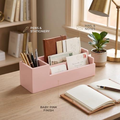 Image of Wooden Desk Organiser with Pen Holder, Mobile & Tablet Stand, Card Holder - Multi-Compartment Office Desk Organizer for Study Table, Bedside Table & Living Room |Pink Finish