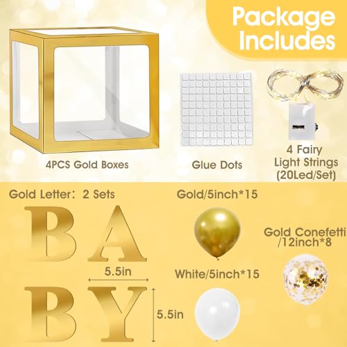 Image of Ledido Baby Boxes with Letters for Baby Shower Decorations, 4 pcs Clear Balloon Boxes Blocks with LED Fairy String Lights 38 Balloons for Boys Girls Gender Reveal Birthday Party (Gold)