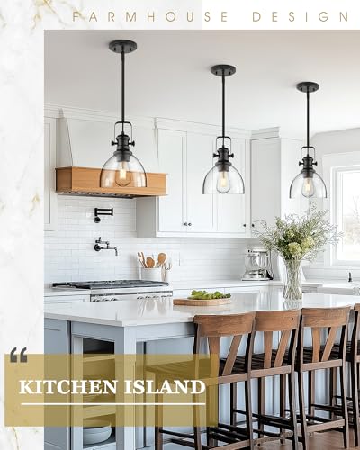 Image of 7.5 inch 2-Pack Black Pendant Lights Kitchen Island, Seeded Glass | Farmhouse Vintage Hanging Light for Dining Room, Clear Seeded Glass Shade, Adjustable Height Rod, E26 Base, AD-22151-1P2-BK-G