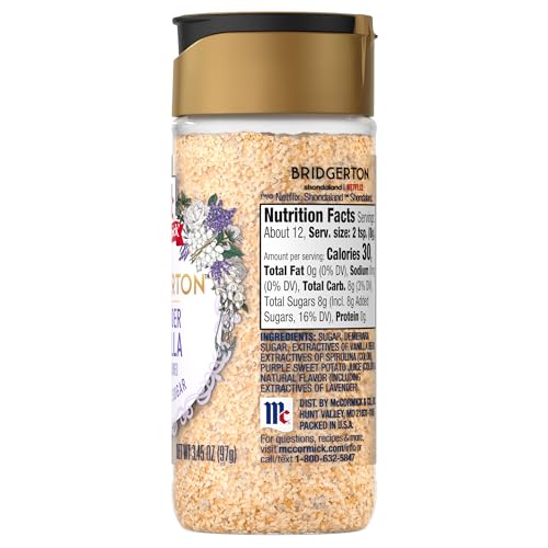 McCormick Bridgerton Finishing Sugar, Lavender Vanilla, Limited Edition, Floral Lavender Notes, Smooth Vanilla Flavor, For Cakes, Cocktails, Matcha Tea, and More, 3.45 oz