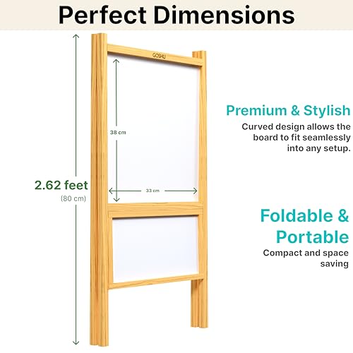 Image of GOSHU 2 in 1 Double Sided Wooden Easel Stand (80 cm x 40 cm) Whiteboard and Chalkboard for Adults, A-Type Foldable Writing Board with Tray for Classroom, Office and Home Use (Kids, Pack of 1 Item)