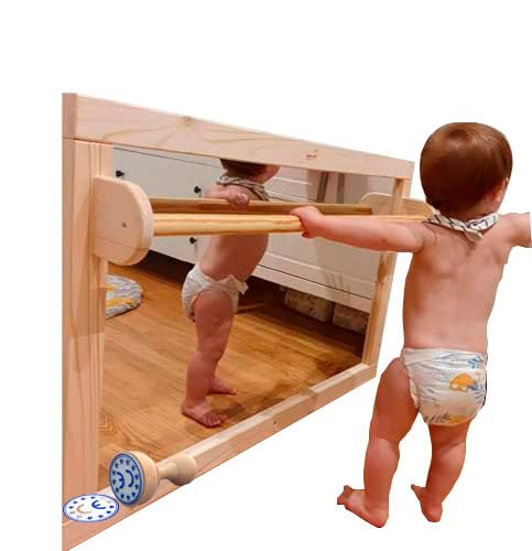 AMOVA®-Espejo Montessori de Seguridad con Barra Ajustable – Certificado CE – Bebés +8 meses – Madera ecológica-muebles montessori - espejo irrompible bebe - Seguridad infantil - Desarrollo motor