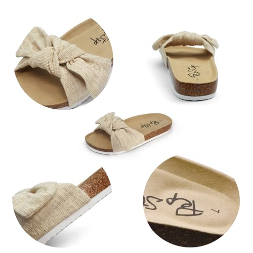Image of PepStep Slide Sandals for Women or Ladies Dressy Summer Casual, Cute Bow Tie Knot On Top Strap, Comfy Slip On Cork Foot Bed