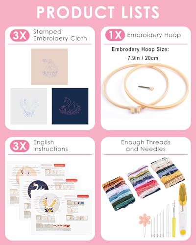 Image of TINDTOP 3 Pack Embroidery Kit for Adult Beginners, Embroidery DIY Starter Kit, with Swan Stamped Patterns, Hoop, Tools, Colorful Threads with Needles, Instructions | with Swan Stamped Patterns, Hoop, Tools, Colorful Threads with Needles, Instructions