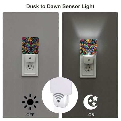 Image of Colorful Butterfly Floral Night Light Set of 2, Auto Sensor LED Dusk-to-Dawn Nightlights, Plug-in Sensor Lamp for Bedroom Bathroom Kitchen Hallway Stairs Decorative