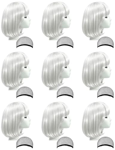 LOHO WONDERZ 9 Pieces Short Bob Hair Wigs Candy Colored Costume Cosplay Wigs Daily Party Hairpiece for Women - Bachelorette Party Decorations, Favors, Supplies (Grey)