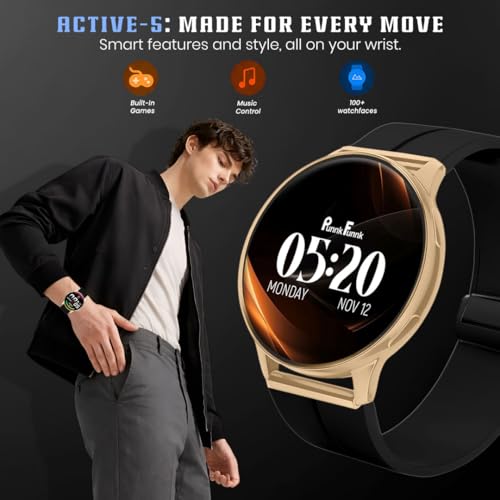 Image of PunnkFunnk Active 5 Smart Watch with 1.3 inch AMOLED HD Display | Bluetooth Calling, AI Voice Assistant, 100+ Sports Modes, Heart Rate & SPO₂ Tracking, IP68 Waterproof for Men & Women- (Black GoldDial)