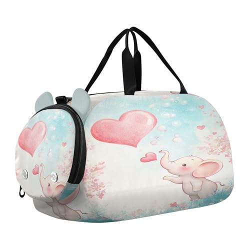 Elephant Pink Heart Bubbles Kids Travel Duffel Bag for Boys Girls Overnight Weekend Tote Bag with Shoes Compartment for Beach Swim Trip