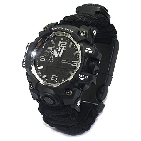 FGX Survival Bracelet, Survival Bracelet Watch, Survival Kit, With Flint Fire Starter, Whistle, Compass, Mini Saw, Rescue Rope, For Camping, Hiking, Fishing, Outdoor Activities, First Aid Kit Cover