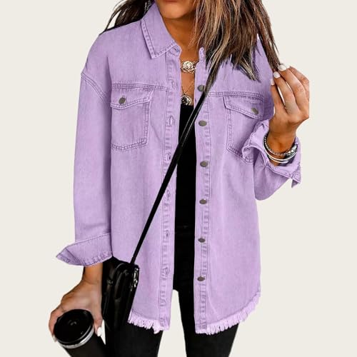 Womens Oversized Denim Jacket Distresse Jean Jacket Button Up Frayed Hem Shacket Long Sleeve Denim Boyfriend Shirt2