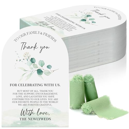 Maitys 100 Pcs Wedding Thank You Place Setting Cards for Wedding Reception with Green Chiffon Ribbon for Guests Favors Receptions Parties Events Celebrations Table Centerpieces Decorations 4 x 6 Inch