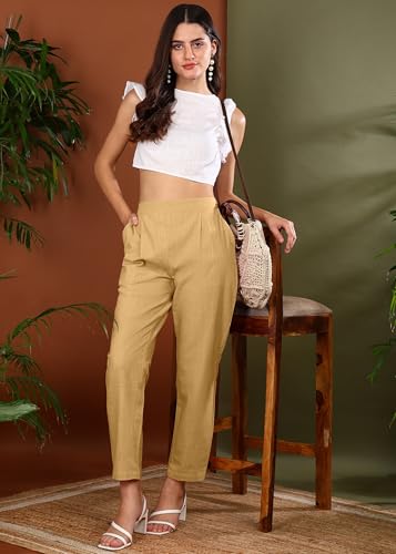 Image of Yash Gallery Women's Regular Fit Mid Rise Solid Cotton Slub Ankle Length Regular Trouser Pant