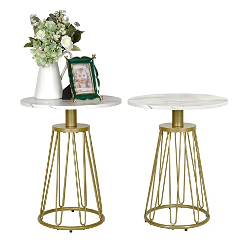 Moncot Round Coffee Table And Side Table Set Of 2, Brass Gold Metal Frame With Mdf Table Top, White Marble Texture #TOP2