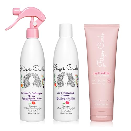 Rizos Curls Styling Starter Kit, Refresh and Detangle Spray & Curl Defining Cream & Light Hold Gel Bundle, Enhance & Define Curls, Add Volume & Hold, Frizz Control & Shine