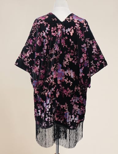 Image of MJ SERECA Women's Burnout Velvet Kimono Cardigan Cover Up with Tassel