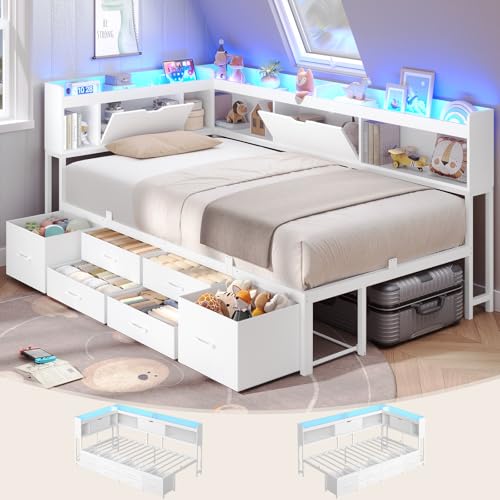AOGLLATI Twin Corner Bed Frame with Bookcase and Hidden Storage & Metal Platform Twin Size Daybed with 6 Drawers,Charging Station, Led Lights- for Kids, Teens, White