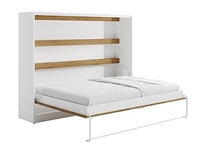 Vente-unique-Cama abatible 140 x 200 cm - Apertura Horizontal Manual - con Leds - Blanco y Natural - RAPILI