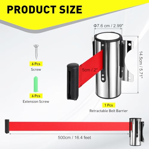 Barrière ceinture rétractable rouge 5m support mur fixe sécurité