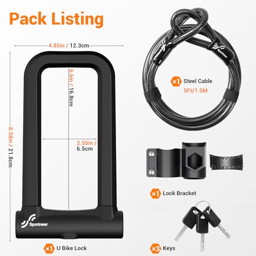 Sportneer Bike Lock: 18mm Heavy Duty Anti Theft Keyless Locking Bike U Lock with 5ft Security Steel Cable - Shackle Bicycle U-Locks with 3 Keys for Road, Mountain, Electric & Folding Bike - Image 4