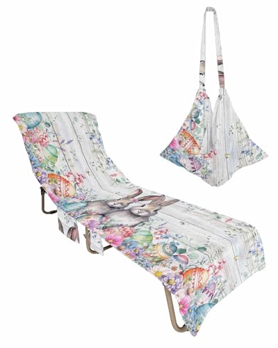 Easter Bunny Beach Chair Towel Covers for Chaise Lounge With Side Pocket, Soft Plush Pool Towels Cover for Patio Sunbathing Outdoor 29''x85'' Colorful Eggs Watercolor Floral Farmhouse Wood