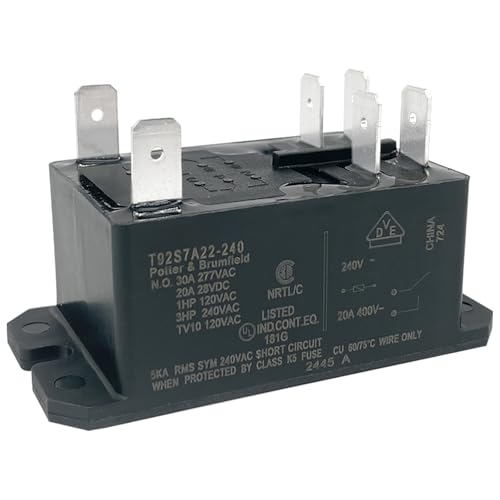 T92S7A22-240 Power Relay (1-Pack), 6-Pin DPST-NO 30A 240VAC Coil Contactor, Compatible with RV Rooftop AC, Heat Pumps & Furnace Blower Motors, Fixes Stuck-on Fan Issues