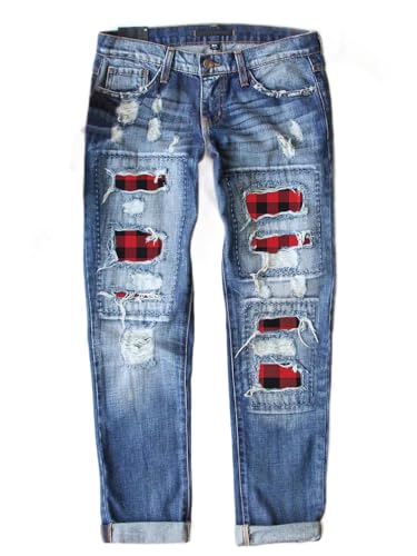ZOCAVIA Womens Ripped Denim Pants Plus Size Casual Stretch Skinny High Waist Washed Jeans Patched Patchwork Denim Jeans