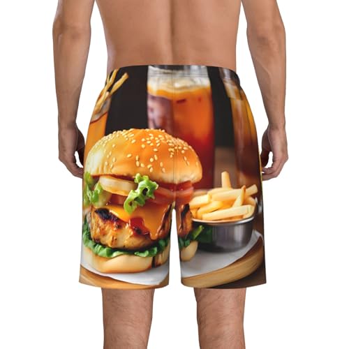 Men's Beach Shorts Swim TrunksFun Patterns Chicken Leg Burger Drink Print for Surfing Running Summer Vacation3
