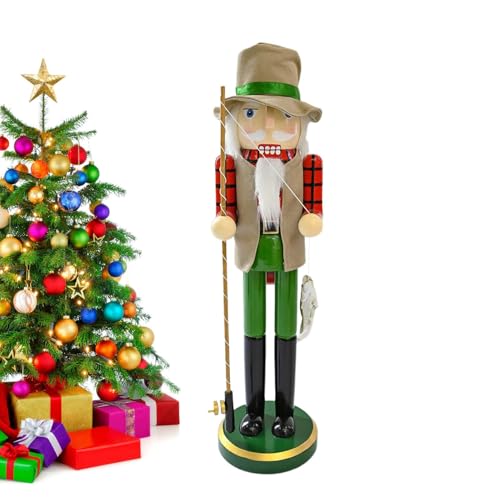 Decoraciones navideñas de cascanueces, figuras de cascanueces de 14.9 pulgadas, decoración de cascanueces de madera con caña de pescar y peces en la mano