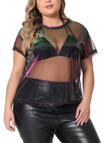 Agnes Orinda Plus Size T-Shirt for Women Sheer Mesh Holographic Round Neck Drop Shoulder Short Sleeve Tops Blouse 4X Purple Green