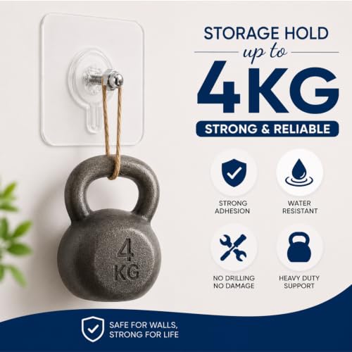 Image of KONVIO NEER Screw Hooks for Wall Without Drilling - 20 Pack Self Adhesive Screw Hooks Heavy Duty | Strong Nail-Free Transparent Stainless Steel Wall Hanging Hooks for Kitchen, Bathroom, Home & Office