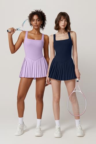 Image of QINSEN Womens Square Neck Tennis Dress Pleated Sleeveless Built in Shorts Golf Athletic Dress with Pockets