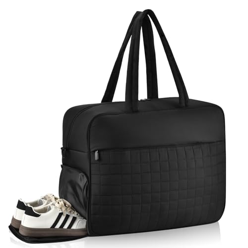 Felipe Varela Large Puffy Tote Bag, Gym Bags for Women with Shoe Compartment, Weekender Overnight Lightweight Carry on Puffer Duffle Bag for Travel (Black,36L)