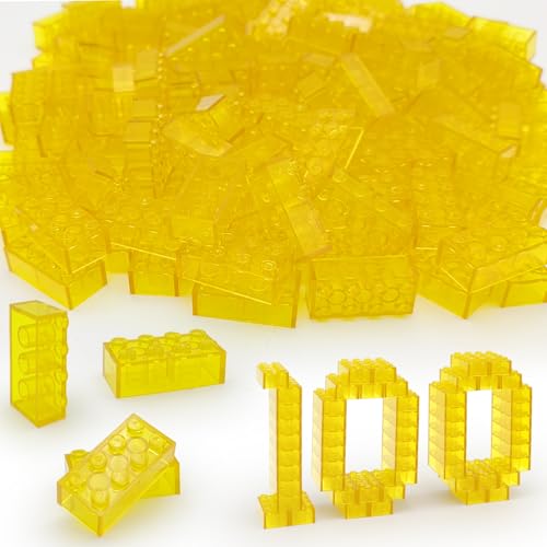 ZHX 100PCS Classic Transparent Building Bricks 2x4, Fully Transparent Bulk Bricks Parts and Pieces Compatible with Major Brands, Creative Play Set Block Toy Gift for Aged 3+ (Transparent Yellow)