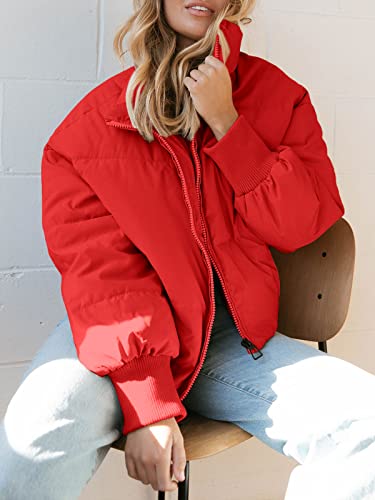 Zesica Women's Winter Warm Long Sleeve Zip Up Drawsting Baggy Cropped Puffer Down Jacket Coat Outerwear,Red,Medium #TOP1