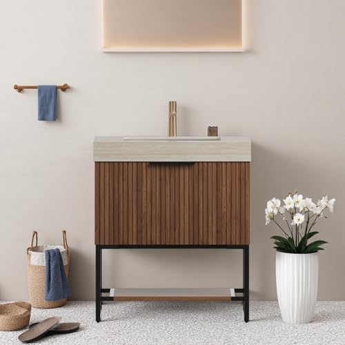 Image of 30 inch Freestanding Bathroom Vanity with Sink, Bathroom Vanity with Sintered Stone Top & Undermount Ceramic Basin, Pre-Assembled Striped Bathroom Storage Cabinet with Drawer & Open Shelf, Walnut