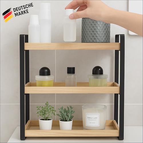 alma home Standregal Badezimmer Organizer - Badregal ohne Bohren 3-Ebenen aus Holz und Metall schwarz als Regal für Bad Aufbewahrung, Kosmetik oder Holzregal für Schminktisch